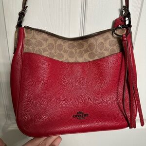 Coach Vibrant Red and Tan Leather Shoulder Bag